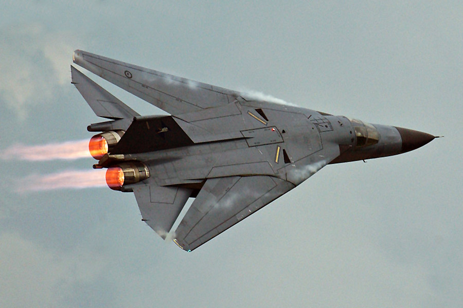 F-111 with its wings swept back.