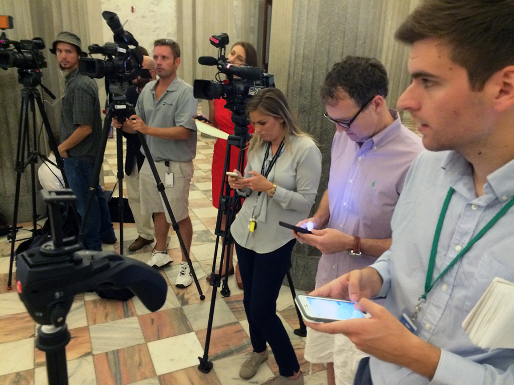 The assembled media. Second from right is Ron Aiken of Quorum, whose reporting has done much to bring things to this point.