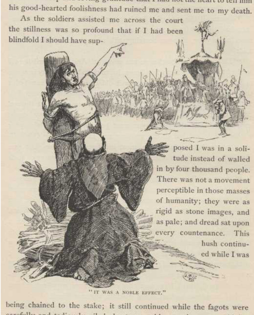Hank Morgan tied to the stake: Illustration of the eclipse scene in Connecticut Yankee.