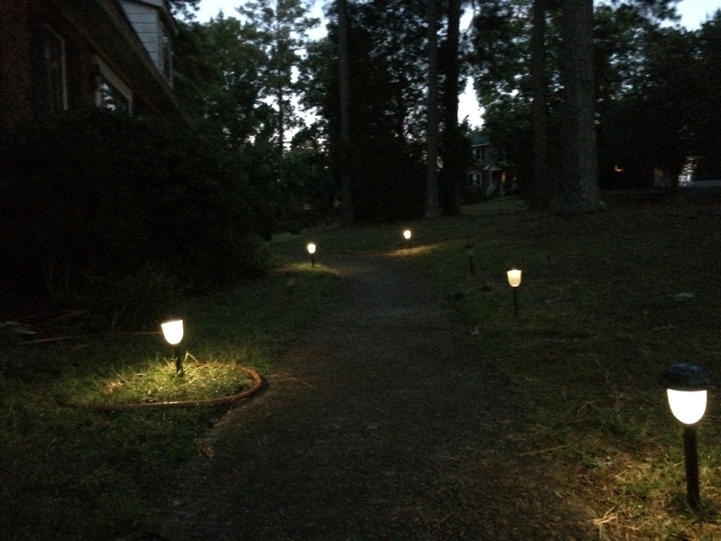 My front walk during totality. The lights actually came on several minutes BEFORE, but didn't show up as well in that photo...