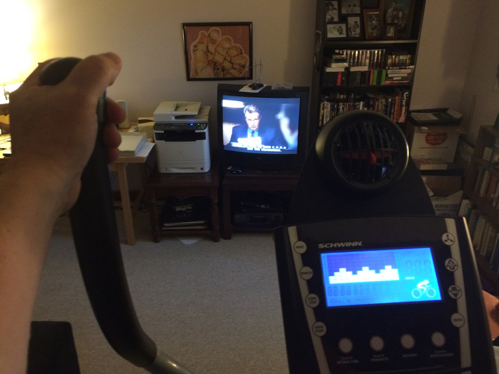 The view from my elliptical trainer, in my home office (yeah, that's "The West Wing" on the tube).