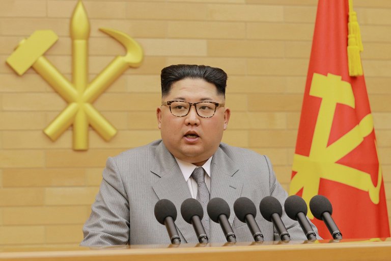 Note the weirdness of the seven identical microphones. In a free society, an important person might be seen with multiple microphones, but they would be different, placed there by an array of news organizations. This is Kim trying to look important without the freedom part...