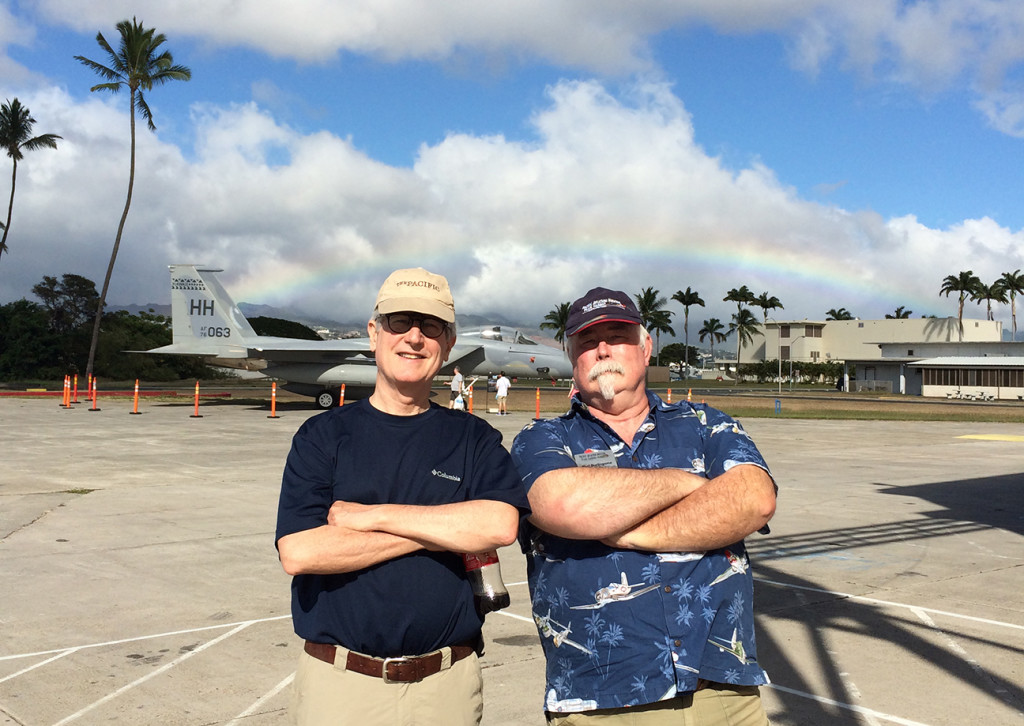 Your truly with our correspondent Burl in Hawaii on a less-panicky Saturday in 2015. Note the rainbow.