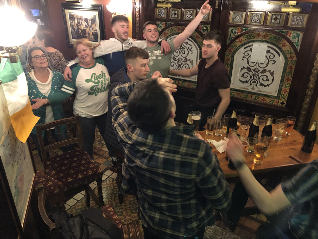 Of course, the threat of Brexit didn't keep us from having plenty of craic. Here a couple of ladies from our group celebrate with some local lads on the evening of March 17.
