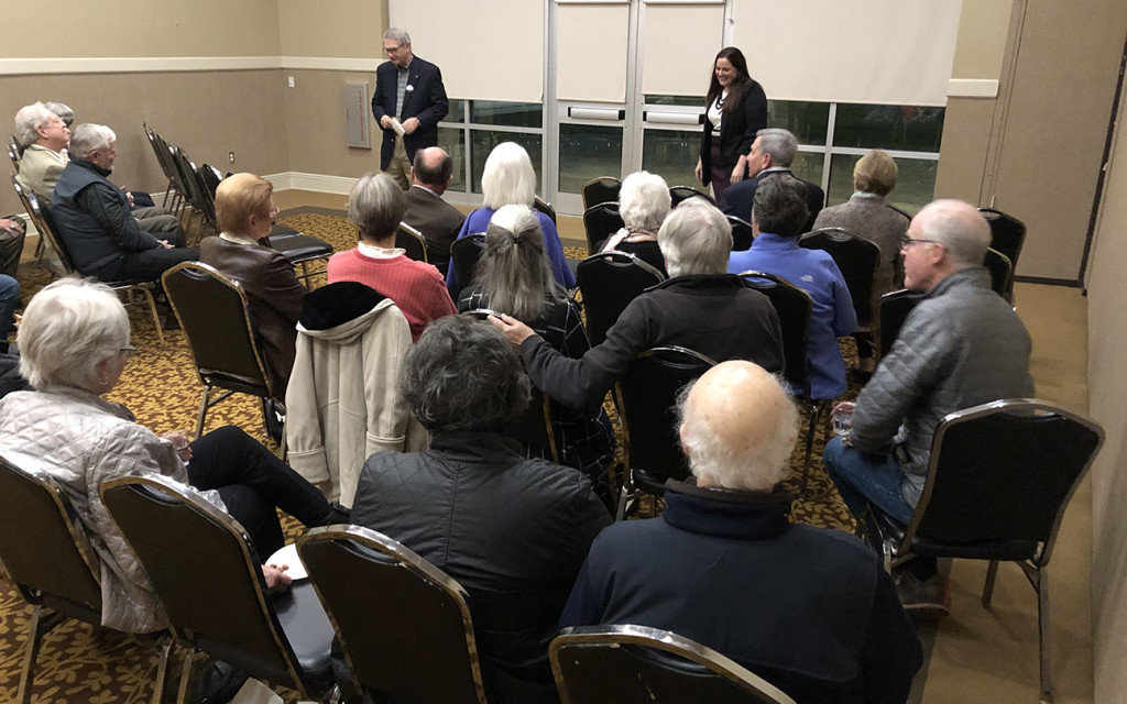 Mark Huguley introduces the candidate at the Jewish Community Center last night.
