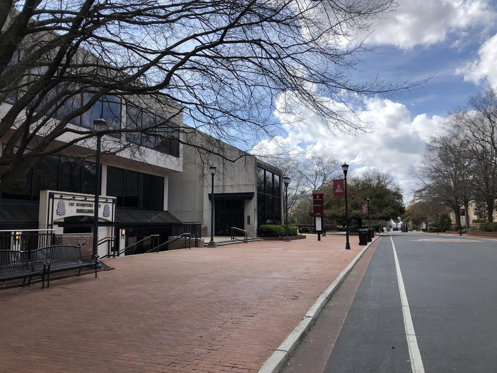 The pedestrian-only portion of Greene Street in front of the Russell House today -- deserted.