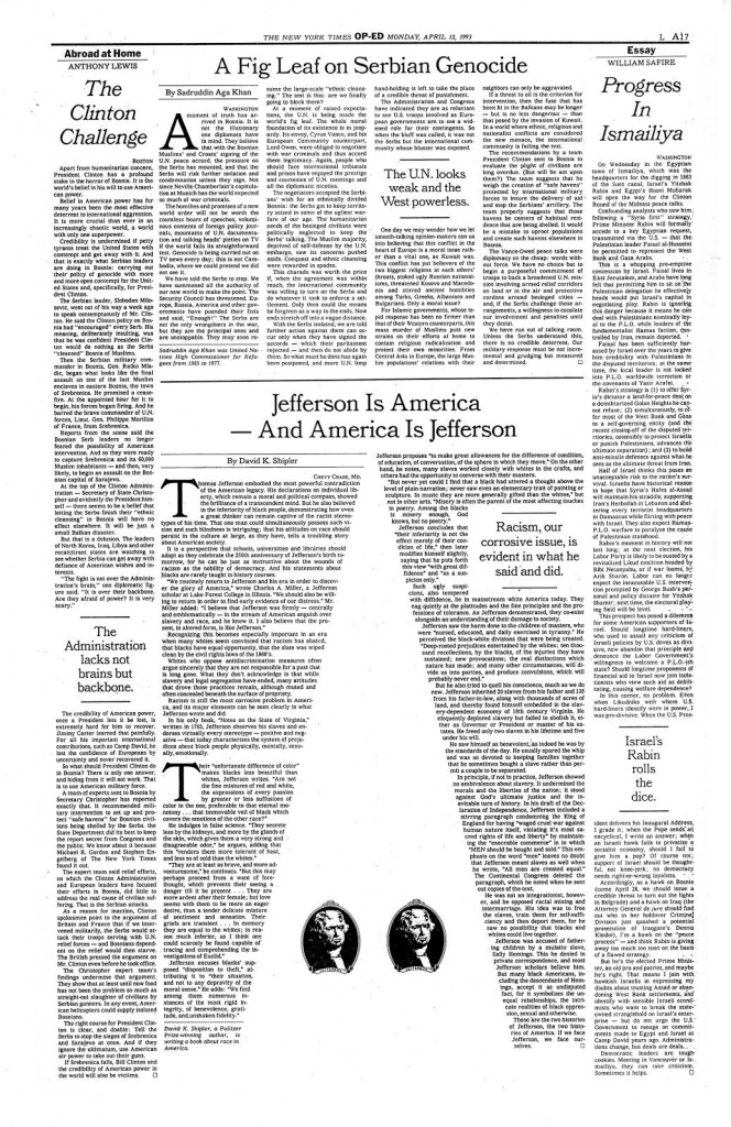 A random NYT Op-Ed page: Monday, April 12, 1993.